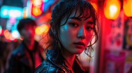 A woman standing in front of a neon lit building, city lights backdrop adds vibrant urban allure.