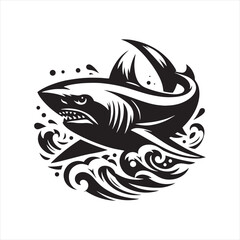 Nebula Navigator: Shark Silhouette Navigating Stellar Oceans - Shark Black Vector Stock
