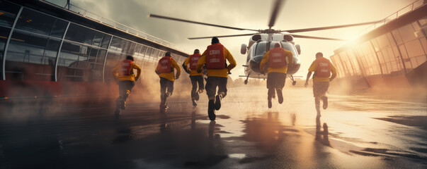 A team of the rescue in front of the helicoter .