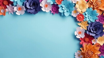 Frame of flowers cut out of paper on blue background, greeting card, blank space for text on the left