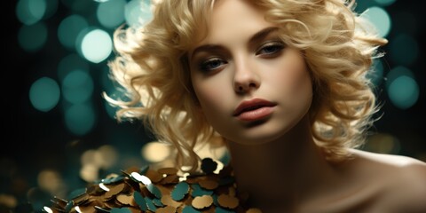 Fototapeta premium A woman with blonde hair wearing a gold dress. She's a glam goddess in green, captivating St. Patrick Day with elegance and style