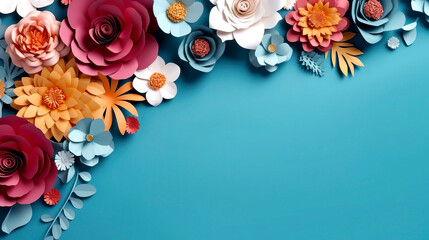 Frame of flowers cut out of paper on blue background, greeting card, blank space for text on the right