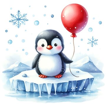 Watercolor paint cute penguin with red balloon on an ice floe for winter card decor