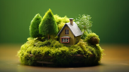Eco House In Green Environment Earth Day, Miniature House on Grass. grass with sunlight abstract background, Generative Ai