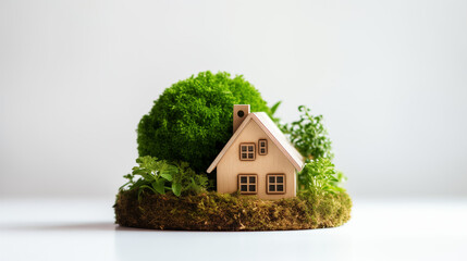 Eco House In Green Environment Earth Day, Miniature House on Grass. grass with sunlight abstract background, Isolated background, Generative Ai