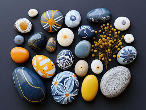 A bunch of painted rocks on a table, ornate mandalas painted on smooth stones