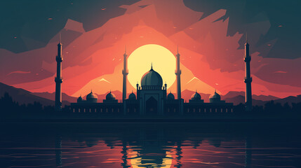 silhouette of mosque in sunset, silhouette of mosque, silhouette of mosque ramadan, sky. ramadan, the holy month of muslims. Front view. \generative \ai