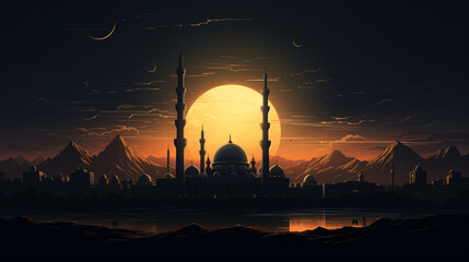 silhouette of mosque in sunset, silhouette of mosque, silhouette of mosque ramadan, sky. ramadan, the holy month of muslims. Front view. \generative \ai
