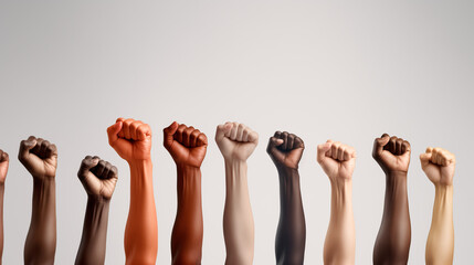Many hands of different races and ethnicities. United for equality: Diverse youth fighting against discrimination, multiethnic hands of different races Generative AI
 - obrazy, fototapety, plakaty