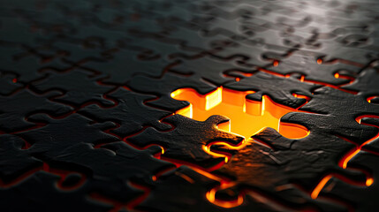 Radiant Connection: Glowing Orange Puzzle Piece on Ebony Canvas. Generative AI