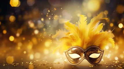 Zelfklevend Fotobehang Luxury carnival mask with yellow feathers on gold blurred background. AI generated image © Leafart