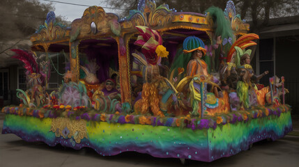 mardi gras parade, with a colorful and elaborate float passing by, Lively Mardi Gras scene with masked revelers dancing amid floating, Generative Ai