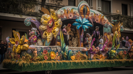 mardi gras parade, with a colorful and elaborate float passing by, Lively Mardi Gras scene with masked revelers dancing amid floating, Generative Ai - obrazy, fototapety, plakaty