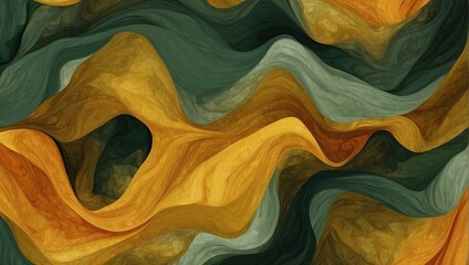 Marbled abstract with a harmonious mix of mustard yellow, sage green, and forest green hues, creating a fluid, organic texture