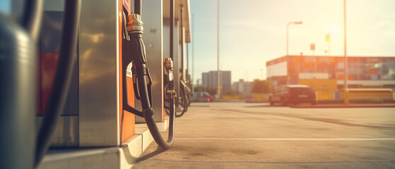 Colorfull fuel gasoline dispenser background. Fuel pumps station close up, copy space, Gas station with clouds and blue sky, Man handle pumping gasoline, Generative AI - obrazy, fototapety, plakaty
