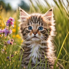 Cute tabby kitten in a field of summer wildflowers 