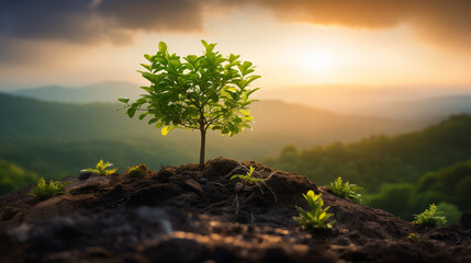 small tree growing with sunshine in garden. eco concept, Young plant in the morning light on nature background, Generative AI - obrazy, fototapety, plakaty