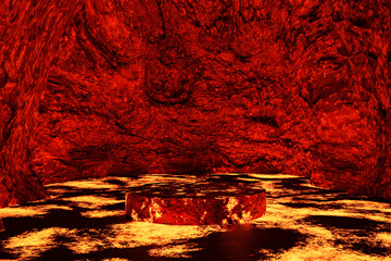 3D render Platform and natural background,  Podium lava rocks smelt in the cave volcano with magma and lava erupt  or product display, blank showcase, mockup or etc