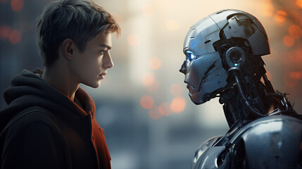 man versus robot looking at each other, face to face, side view. Neural network, Artificial intelligence is opposed to humans, handshake between robot and human, generative ai