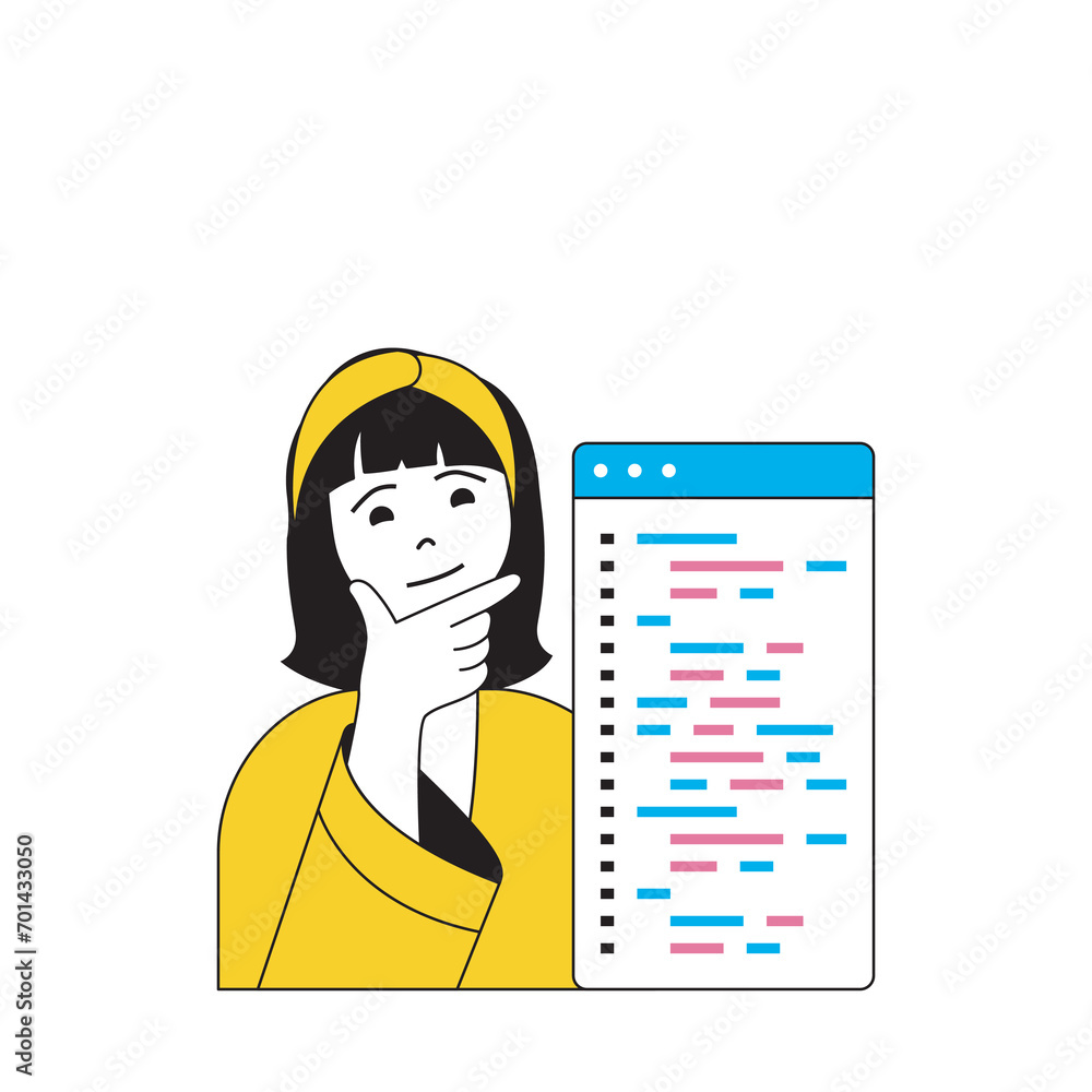 Poster design development concept with cartoon people in flat design for web. woman coding and programming,