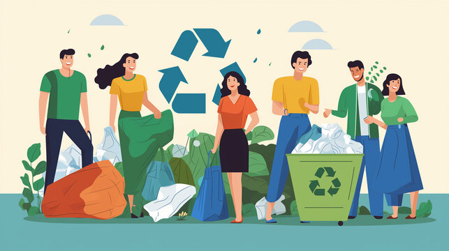 set of recycling icons. recycle logo symbol. vector illustration, People sort waste for recycling. Put a plastic bottle and a can in the container. Ecology concept. Flat vector illustration, Generativ