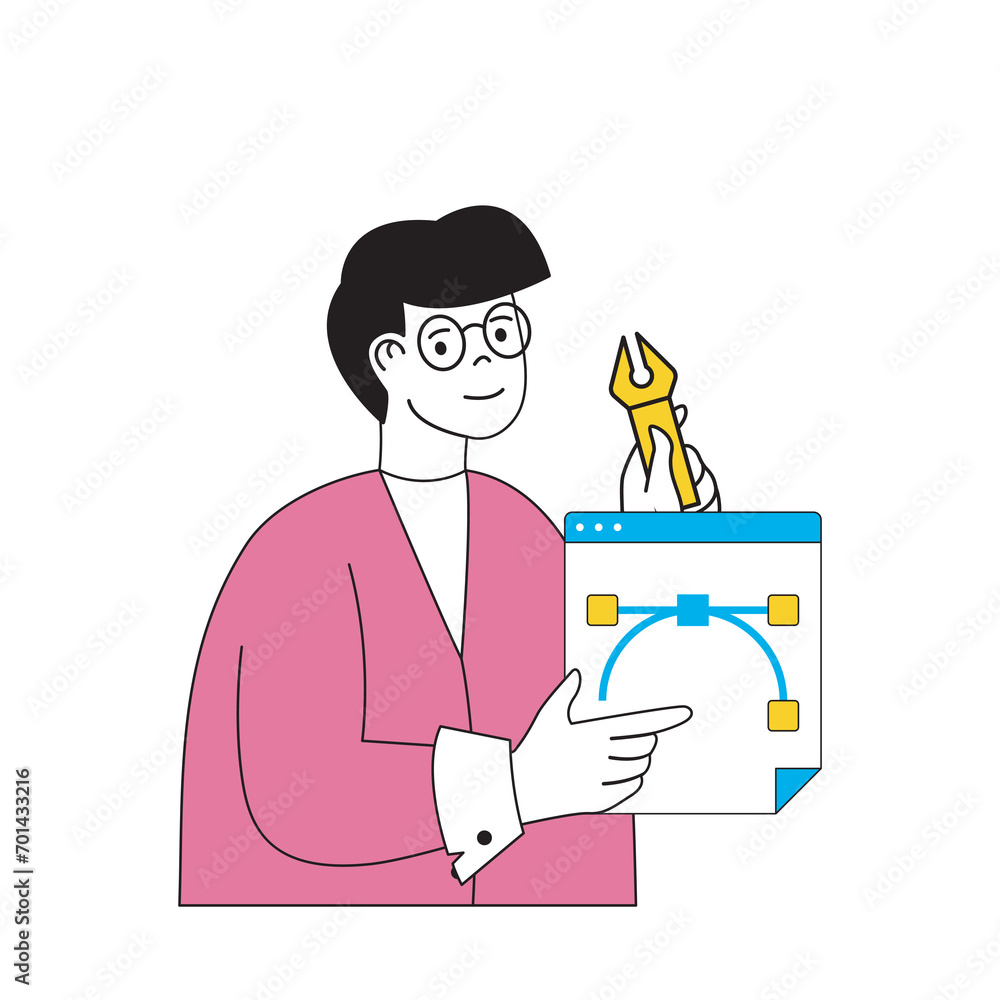 Poster design development concept with cartoon people in flat design for web. man creating graphic elements