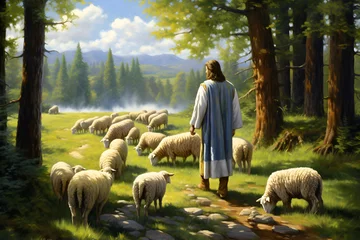 Fotobehang Jesus Christ, the good shepherd and sheep at the grove. AI generative © ZayNyi