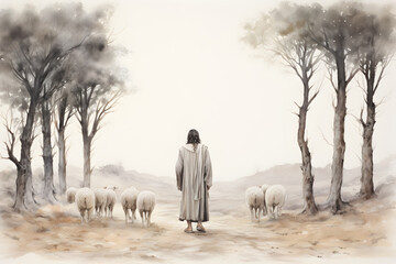 Jesus Christ, the good shepherd and sheep at the grove. AI generative - obrazy, fototapety, plakaty