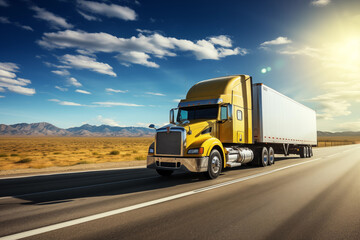 Fototapeta na wymiar American style truck on the freeway, highway pulling cargo, movement. Transport concept - Generative AI