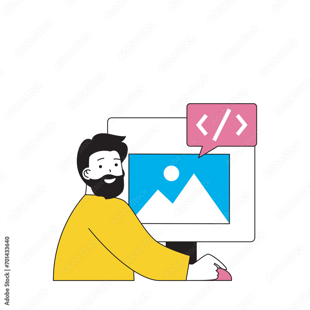 Fototapete design development concept with cartoon people in flat design for web. man programming and working w