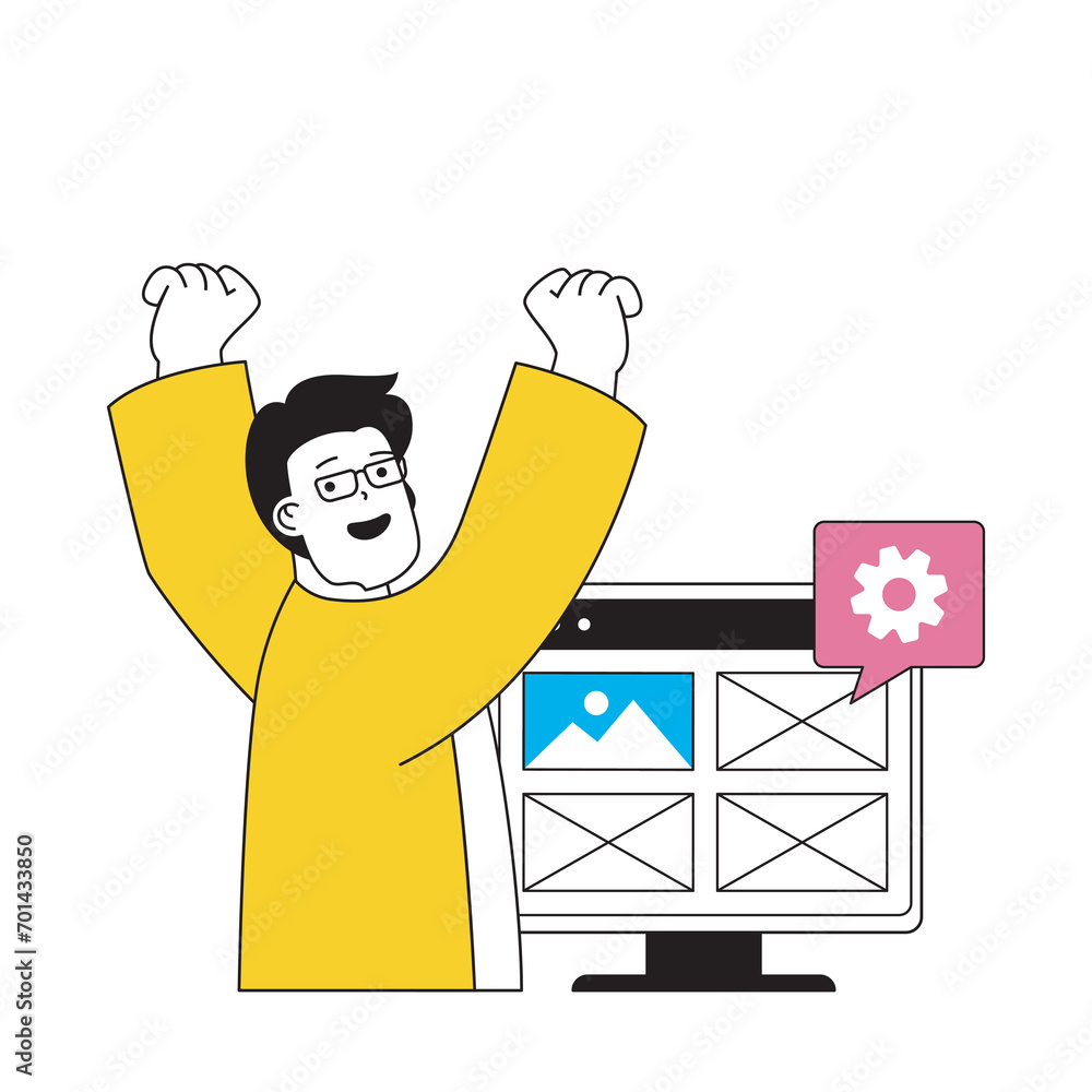 Poster design development concept with cartoon people in flat design for web. man making wireframe interfac