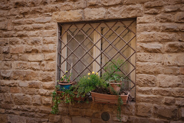 Vintage window with iron grate decorated with fresh flowers on stone wall of an old house. High quality photo