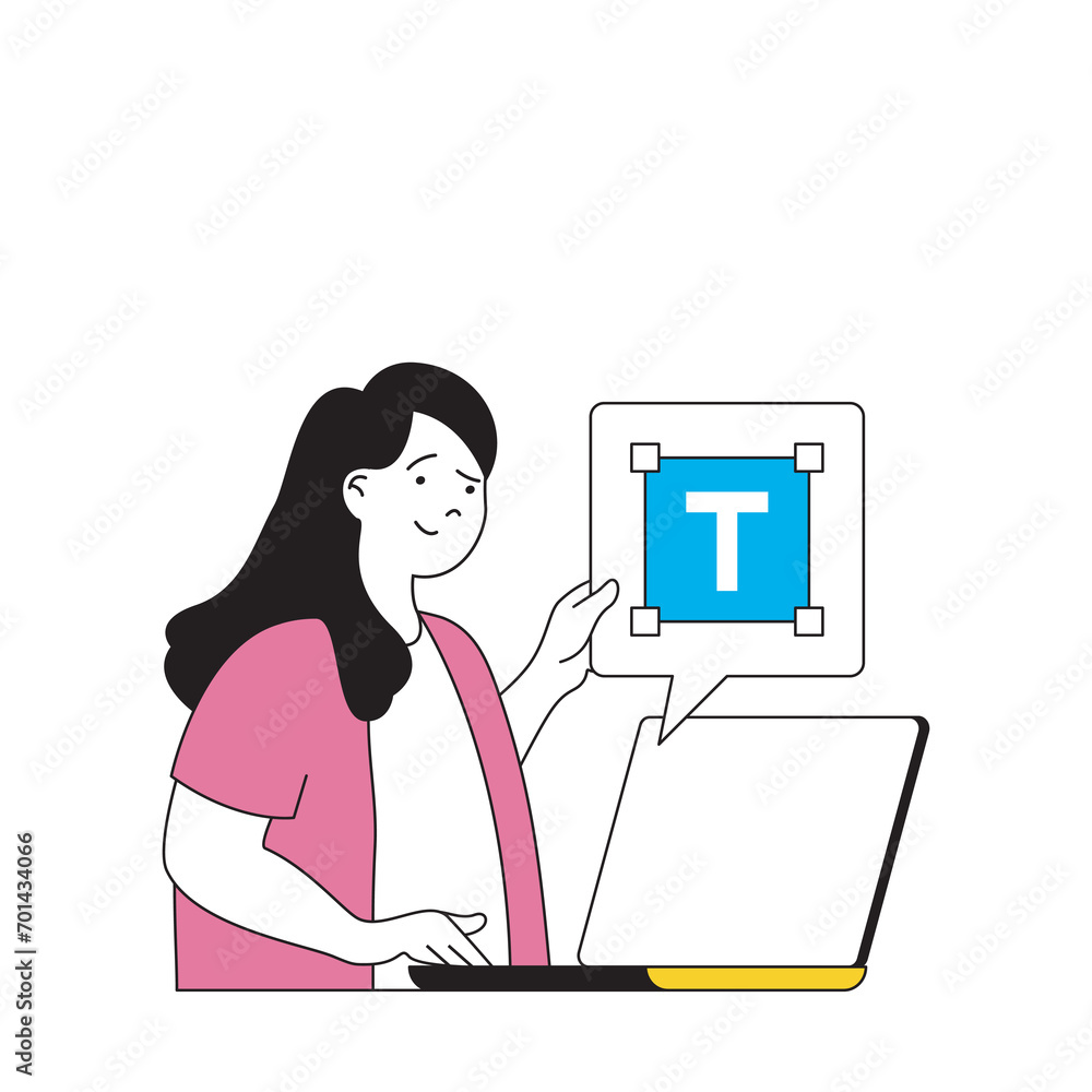 Poster design development concept with cartoon people in flat design for web. woman working with layouts an