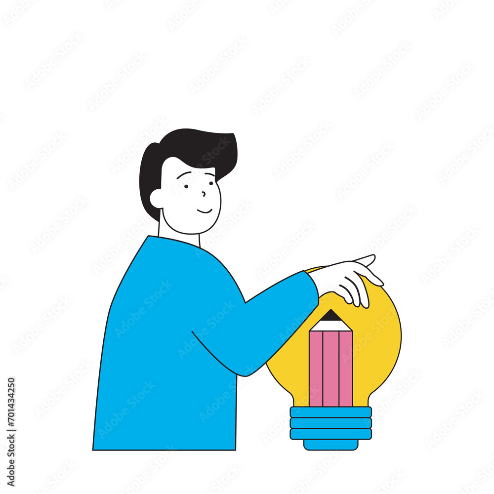 Poster design development concept with cartoon people in flat design for web. man finding solutions and ima