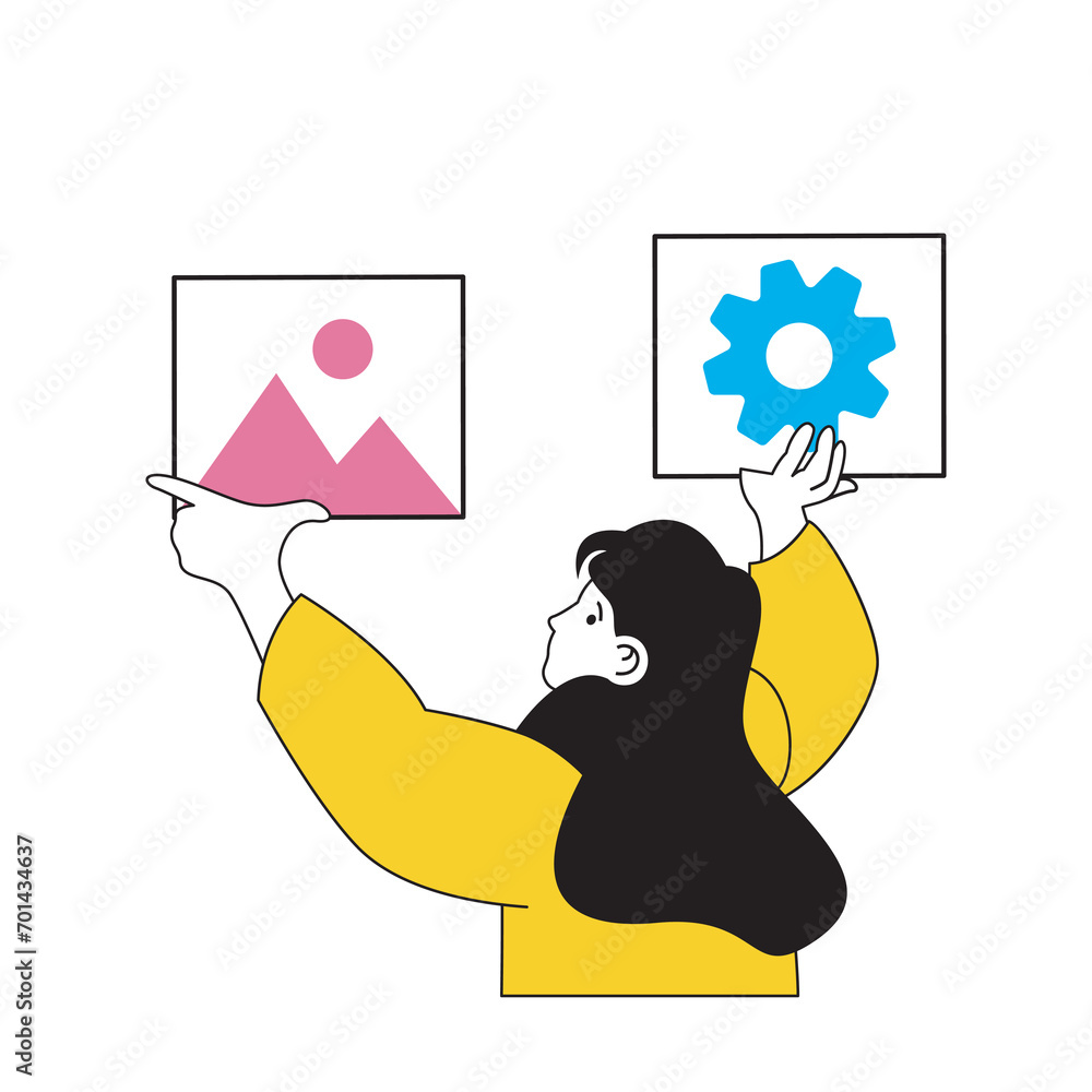 Poster design development concept with cartoon people in flat design for web. woman selecting digital image