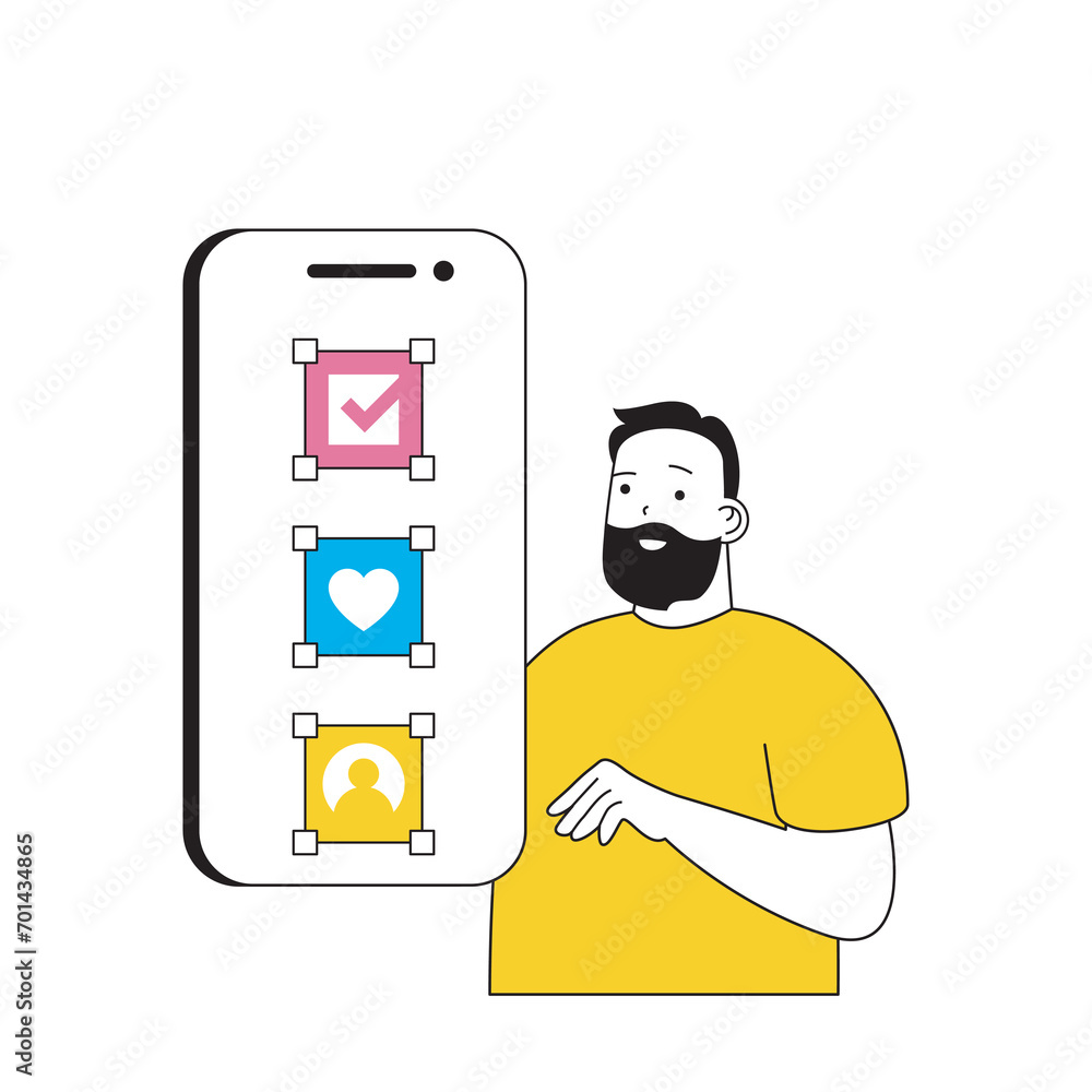 Aufkleber design development concept with cartoon people in flat design for web. man placing elements and imag