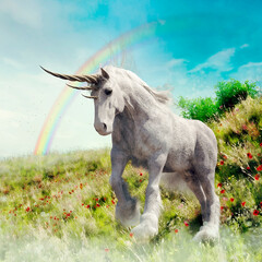 Fantasy scene with a white unicorn standing on a meadow with a rainbow in the background. Made from 3d elements and painted parts. No AI used.  - 701434835