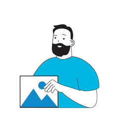 Social media concept with cartoon people in flat design for web. Man posts new picture or photo in blog, sharing digital content. Vector illustration for social media banner, marketing material.