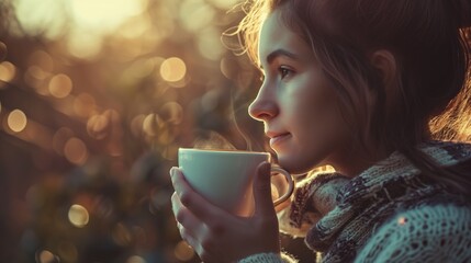 Reflexões Tranquilas: Uma mulher imersa em calma, entre chá e pensamentos, enquanto respira ares puros