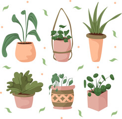 Hand draw set of indoors plants isolated on white. Pink, green and peach fuzz colors.