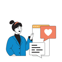 Social media concept with cartoon people in flat design for web. Woman making new post in online blog, getting comments and likes. Vector illustration for social media banner, marketing material.