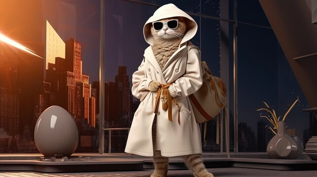 A catmodel in a fashionable outfit on the catwalk