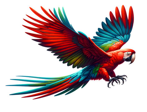 Perroquet ara rouge en plein vol - PNG transparent