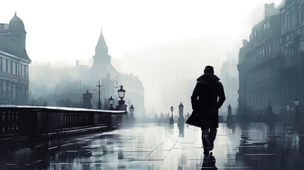 An illustration with a man walking along the streets of an old European city - obrazy, fototapety, plakaty