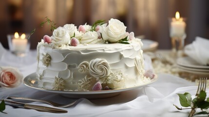 Obraz na płótnie Canvas Beautiful wedding cake with roses on table in restaurant, closeup
