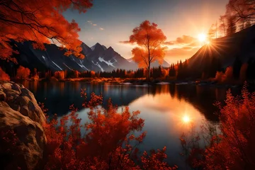 Fotobehang Visualize an Autumn sunrise over mountains that transcends reality, a scene where the perfect lighting paints a picture  © Muhammad