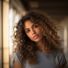 Fototapeta premium A woman with tanned skin de with red curly hair standing in a hallway, a character portrait enchanting