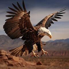 A bald eagle soaring through the air with its wings spread, an airbrush painting