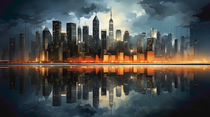 A modernistic steel gray backdrop with reflections resembling a city skyline