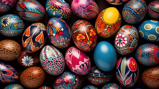 Colorful many easter eggs pattern on top view. AI generated image